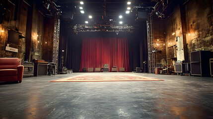 Empty Theater Stage Features Red Curtains, Lighting, and Sound Equipment