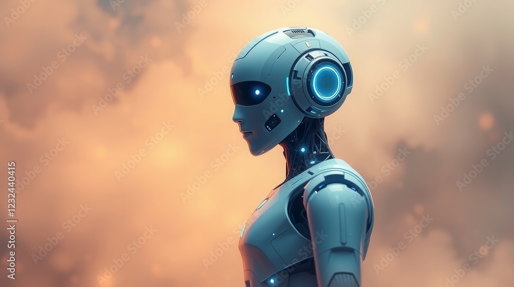 Poster futuristic robot in hazy orange sky: a close-up profile view