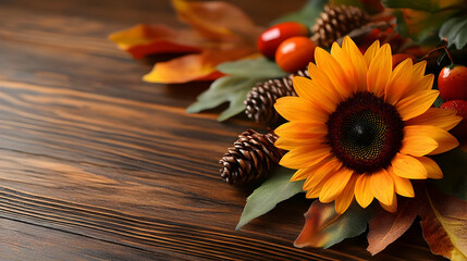 Sunflower, pine cones, and autumn leaves create a vibrant arrangement on a rustic wooden table.