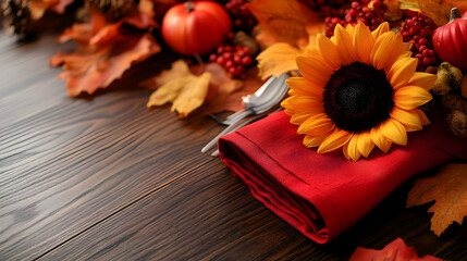 Naklejka premium Autumn Table Setting Displays Sunflower, Red Napkin, and Fall Leaves Beautifully on Wooden Table