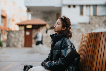 A young woman relaxes on a bench outdoors, dressed in fashionable attire. The scene invites...