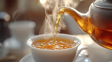 A steaming teapot pours freshly brewed tea into a delicate cup, surrounded by a serene kitchen setting