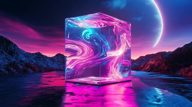 Surreal quantum gate with glowing energy inside a transparent cube. Abstract representation of quantum mechanics, futuristic technology, and advanced computing.