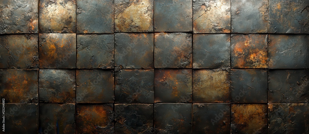 Poster dark metallic square tiles with a rustic, textured surface. the tiles show variations in color and s