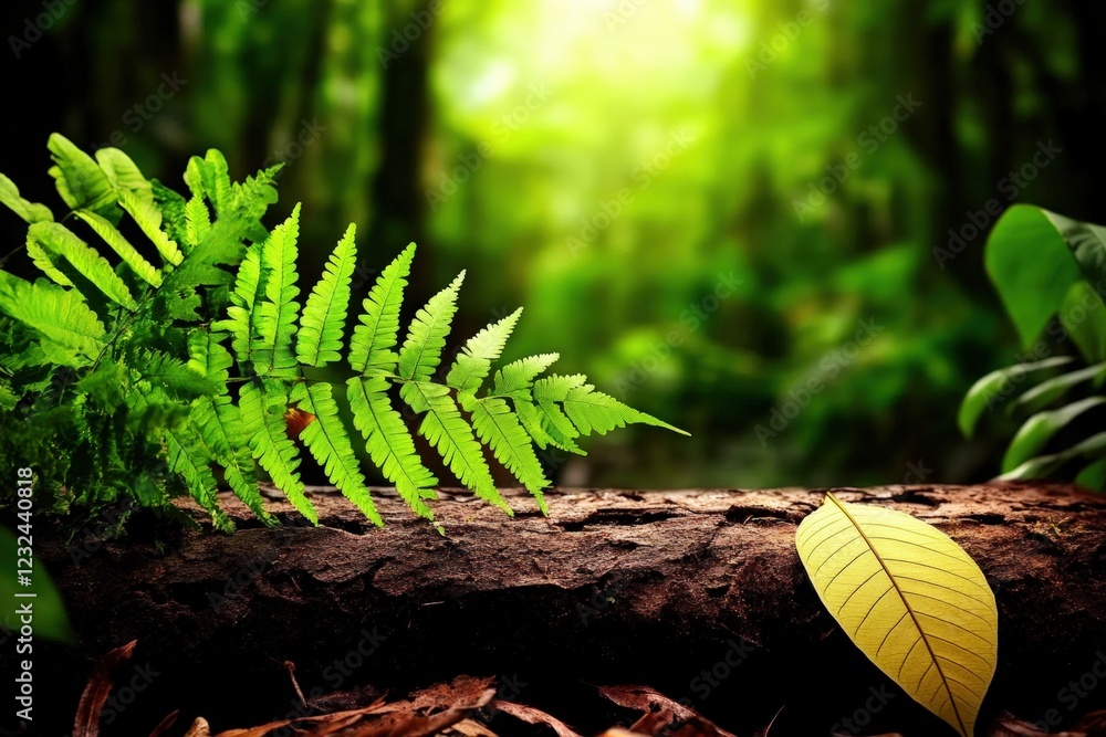 Aufkleber leaf resting on a log in a forest setting surrounded by trees and natural foliage