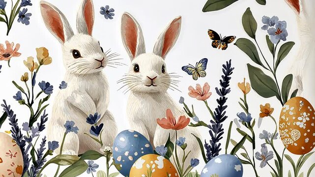 Charming bunnies frolic among colorful Easter eggs in a seamless pattern.