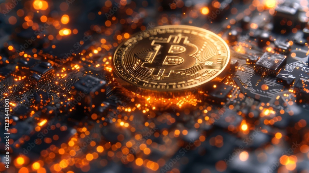 Aufkleber a golden bitcoin rests prominently on a dark circuit board, surrounded by glowing particles that cre