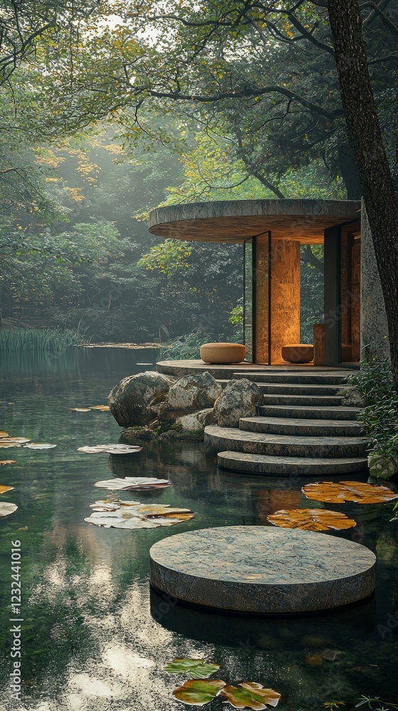 Poster nestled by a tranquil lake, the minimalist podium features smooth stone steps leading into calm wate