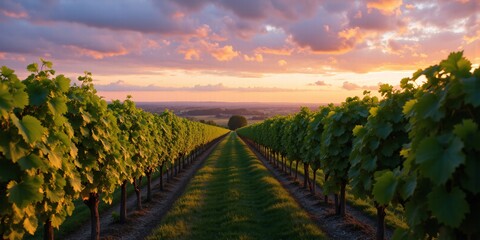 Naklejka premium Serene vineyard at sunset, rows of vines bathed in golden light, peaceful countryside landscape under a vibrant sky.