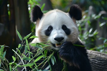 Obraz premium Adorable giant panda bear enjoying a meal of fresh bamboo in its natural habitat