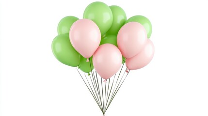 Colorful Green and Pink Balloons on Thin Strings Against White Background