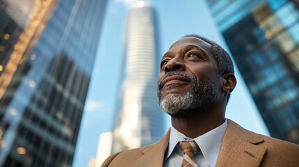 Stylish African American man in business attire, posing confidently with city skyscrapers in the background, symbolizing ambition and success