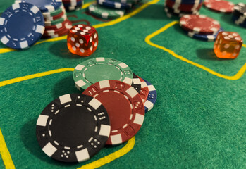Casino chips and dice view.