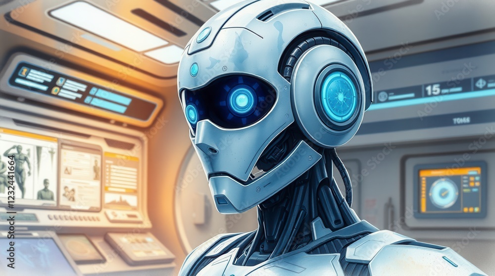 Poster close-up of a futuristic robot's head in a high-tech setting, with glowing eyes and advanced technol