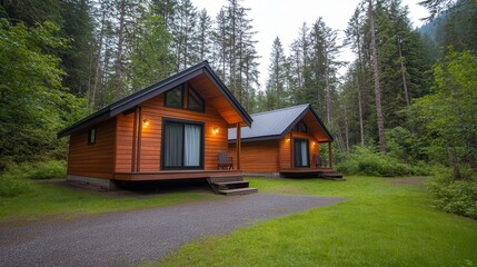 Forest retreats offer travel wellness getaways for ultimate relaxation. Cozy wooden cabins surrounded by lush greenery and tall trees.