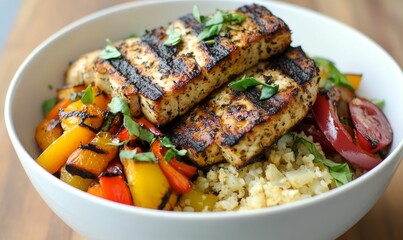 Fototapeta premium Grilled protein, vegetables, and grain bowl, herbs topping.