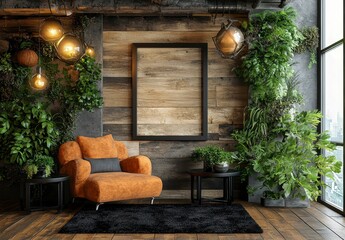 Rustic interior design featuring an orange armchair, dark wooden walls, and lush green plants. A large framed poster adorns the wall, enhancing the
