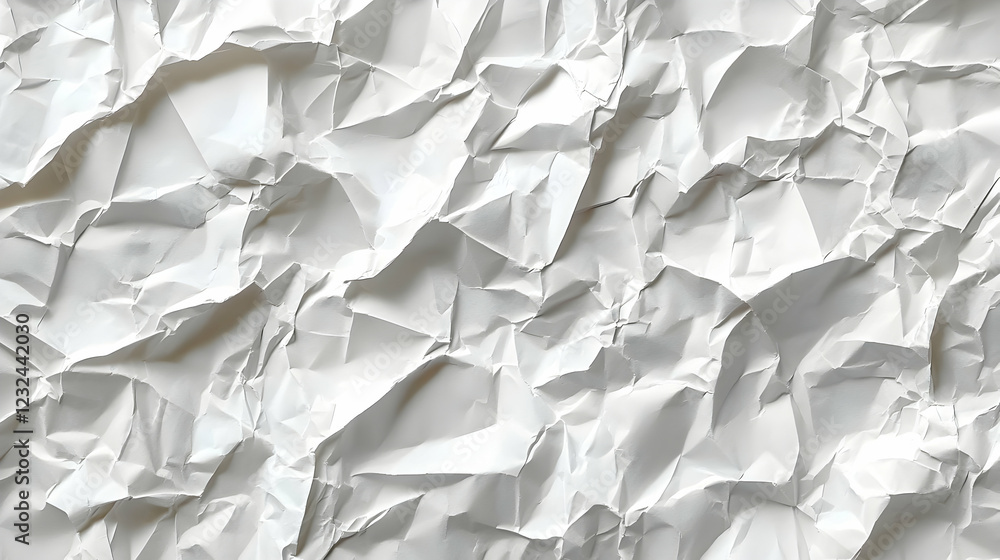 Poster crumpled white paper forms an intricate textured background with many wrinkles and creases
