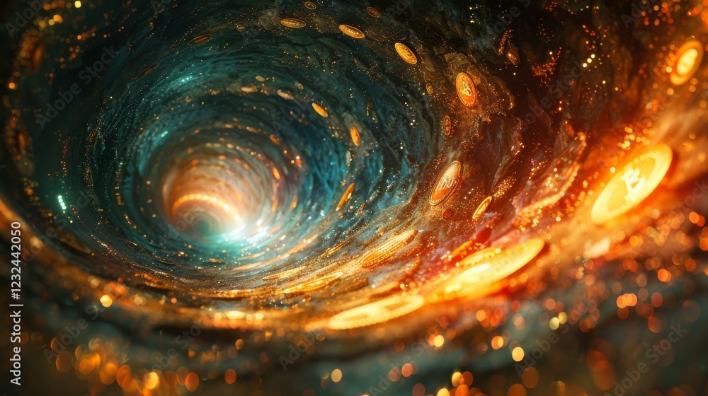 Poster a mesmerizing cosmic vortex draws the viewer in with swirling colors and glowing orbs, suggesting mo