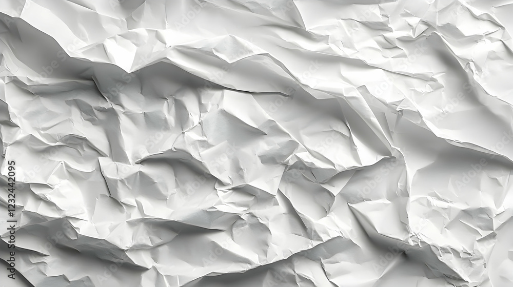 Poster crumpled white paper creates textured abstract background ideal for design projects