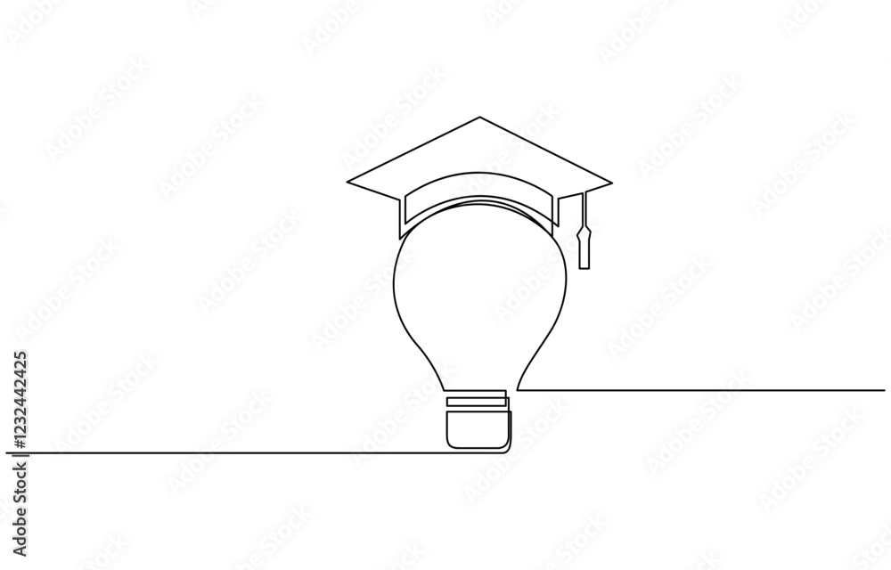 Poster one continuous line drawing of light bulb with graduation hat, continuous single one line sketch dra