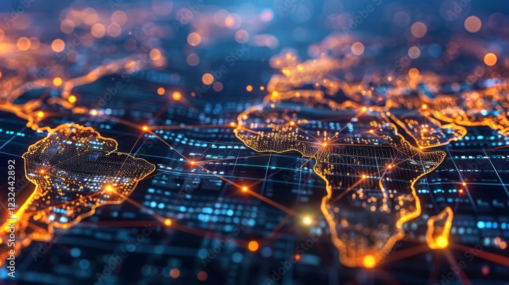 Poster A vibrant digital map illustrates global connectivity with bright lines representing data flow, highlighting urban areas during a night scene filled with glowing lights and intricate patterns.