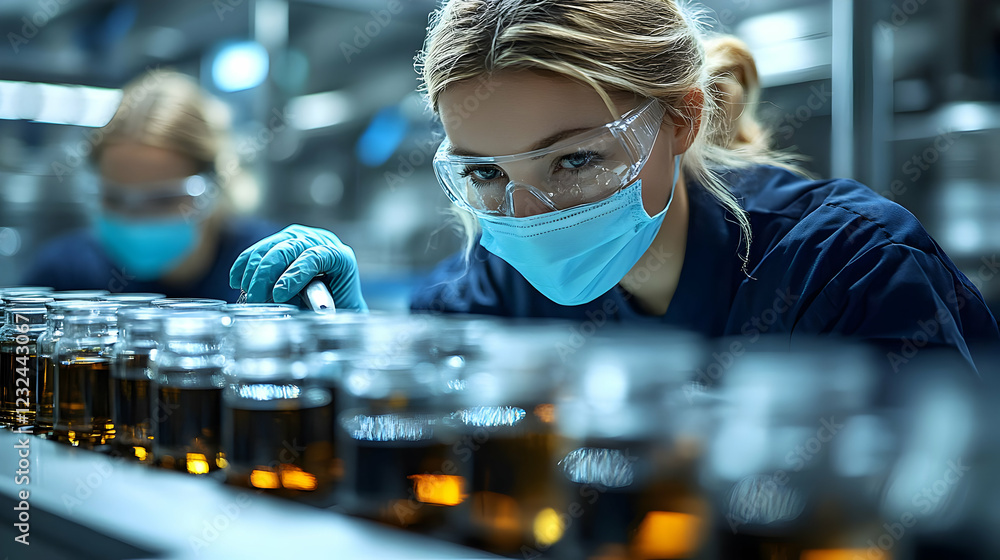 Poster scientist analyzes samples in laboratory with precision and focus on research experiment.