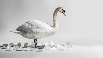 Fototapeta premium White swan standing amidst falling paper.