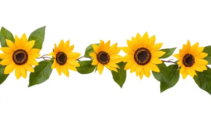 Fototapeta premium Bright Sunflower Arrangement with Green Leaves on White Background