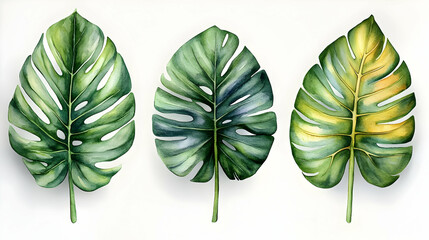 Three Watercolor Monstera Leaves Vibrantly Showcase Green and Yellow Hues on a White Background