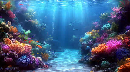 Obraz premium Vibrant Coral Reef Ecosystem Thrives in a Sunlit Underwater Paradise with Colorful Fish