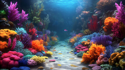 Naklejka premium Vibrant Coral Reef Ecosystem Thrives with Colorful Marine Life in a Pristine Ocean Environment.