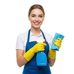 Cheerful Hygiene Worker Holding Blue Spray Bottle and Cleaning Supplies On Transparent Background
