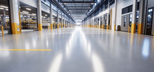 Factory floor, industrial building interior, clean, shiny, production background