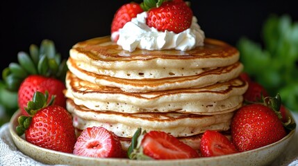 Stacked fluffy pancakes topped with whipped cream and fresh strawberries on a rustic plate