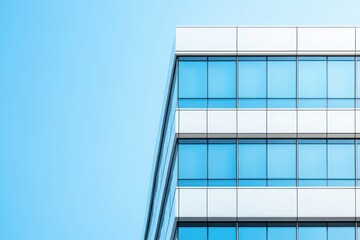 Obraz premium Modern office building with glass windows reflecting blue sky, showcasing contemporary architecture and urban design.
