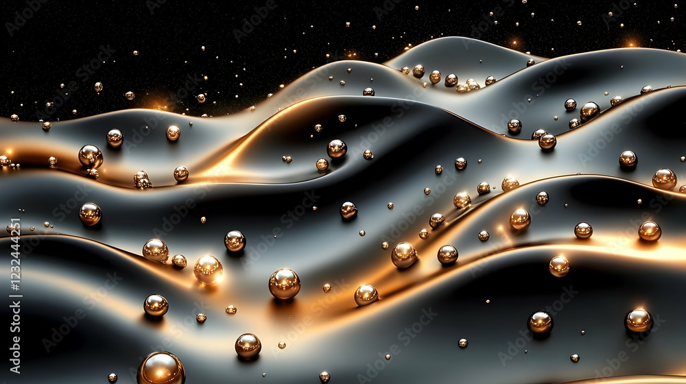 Poster golden spheres adorn flowing abstract waves on a dark background with subtle lighting