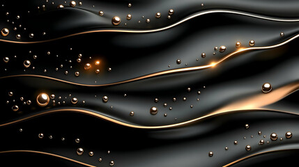 3D Abstract Black and Gold Liquid Waves Flowing with Golden Spheres