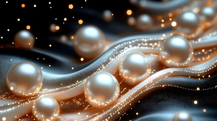 3D Pearls Rest on a Flowing Fabric Adorned with Golden Lights Beautifully.