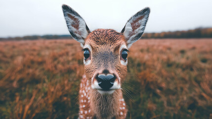 Fawn portrait, autumn field, curious gaze, nature wildlife