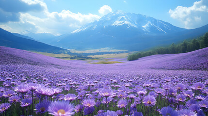 Fototapeta premium Purple flower field blooms beautifully with snowy mountains and bright blue sky in the background.