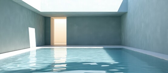 Indoor pool in a minimalist building with light blue and beige color scheme. The atmosphere is calm and serene, with natural light illuminating the