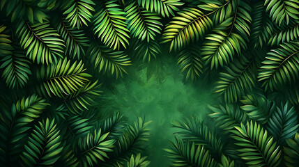 Lush Green Tropical Palm Leaves Frame a Vibrant Background with Deep Green Hues
