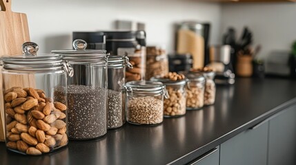 Glass jars of nuts and seeds on counter.