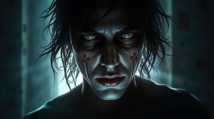 Portrait of a scary man with red marks on his face close-up, looking straight at the viewer, dark hair. Heavy and disturbing atmosphere