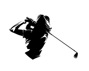 Golf player, female golfer clipart. Isolated vector silhouette of woman playing golf, rear view