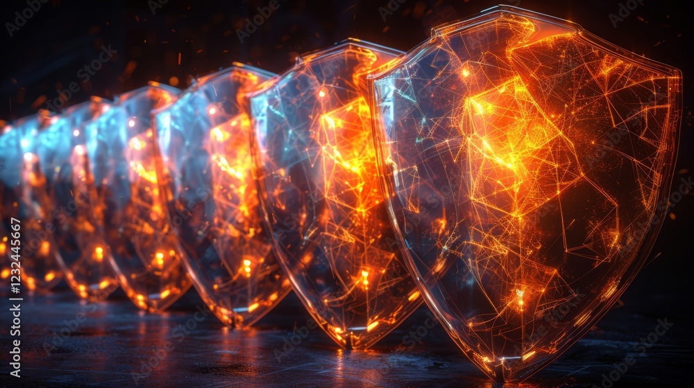 Aufkleber A series of glowing shields are arranged in a sequential pattern, illuminated by orange and blue lights, creating a high tech appearance in a dark environment.