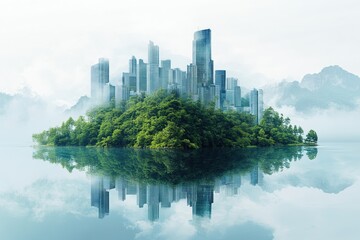 Fototapeta premium Aerial view of a small island featuring a single tree surrounded by clear blue water