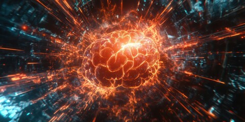 Fiery brain exploding in digital network; AI concept