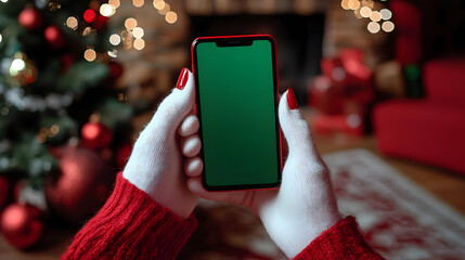 Hands in white gloves and red sleeves hold a smartphone with a green screen at Christmas.